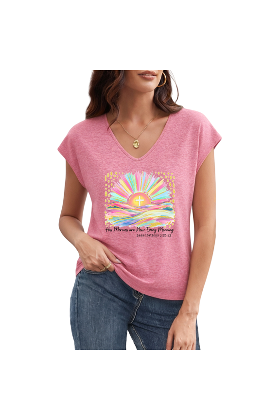  Women's Pastel Sunrise V-Neck Tank - "His Mercies Are New" Watercolor Cross Tee, Inspirational Sleeveless Top for Daily Hope
