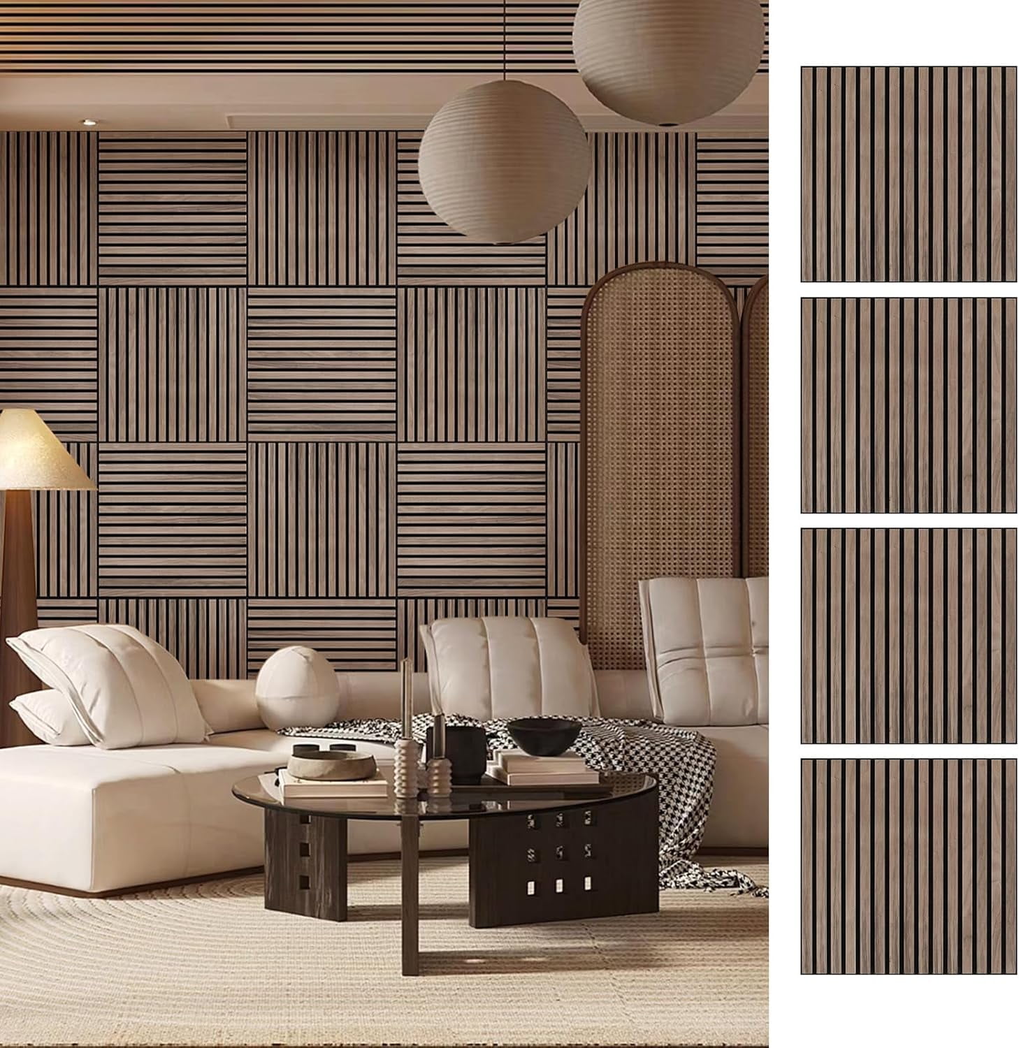 UNISOAR 23.6" x 23.6" Genuine Wood Veneer Acoustic DIY Wall Panels 3D Slat Decorative (4 Pcs)