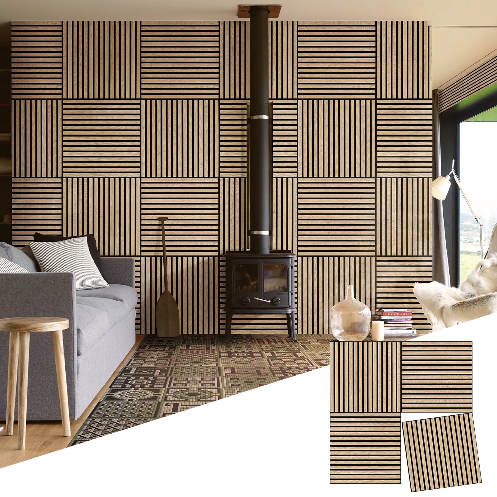 UNISOAR 23.6" x 23.6" Genuine Wood Veneer Acoustic DIY Wall Panels 3D Slat Decorative (4 Pcs)