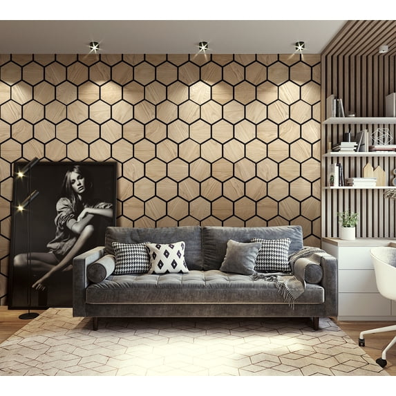 UNISOAR 29"x 23.8" 3D Hexagon DIY Acoustic Wall Paneling Natural Wood Veneer Decorative (Set of 4)