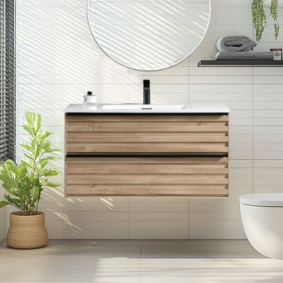 UNISOAR 30" Floating Bathroom Vanity with Ceramic Sink,Wall Mounted Cabinet with 3D Wood Stripes Decor, Drawers ,Golden Oak
