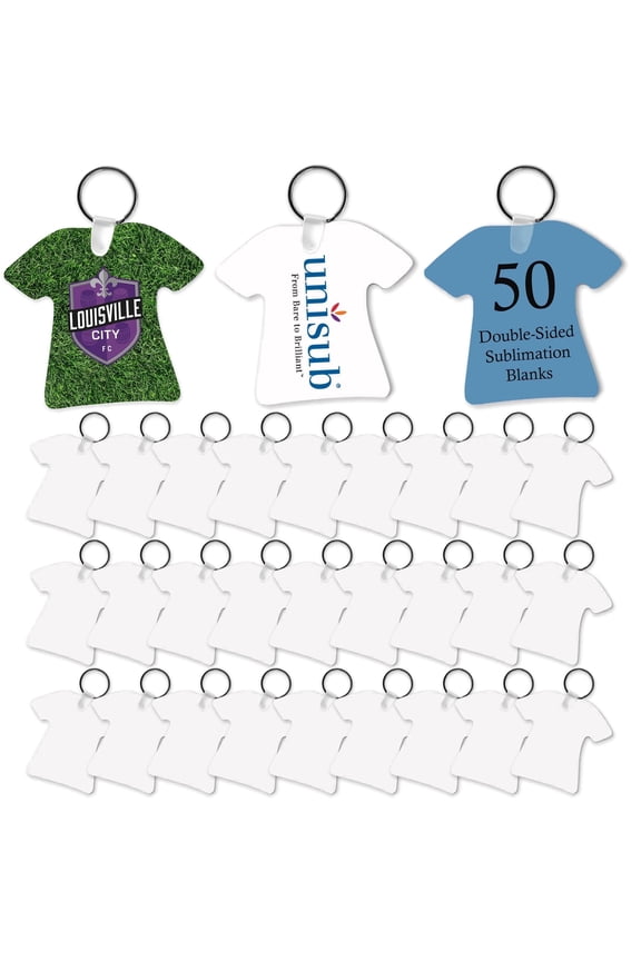 Sublimation Keychain Blanks White Aluminum T-Shirt Shape, 2-Sided Gloss, 2.5" x 2.75", .045" Masked Sublimation Surface, Includes Keyring & Tab, Made in USA, Bulk (Case of 50)