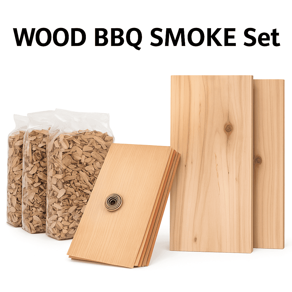 UNITED FIRE- Wood BBQ Smoke Set 4X Hickory Wood Chips, 48 Cedar/Beech/Cherry Wraps & 3 Beechwood Planks Natural Smoking Kit for Grill & BBQ