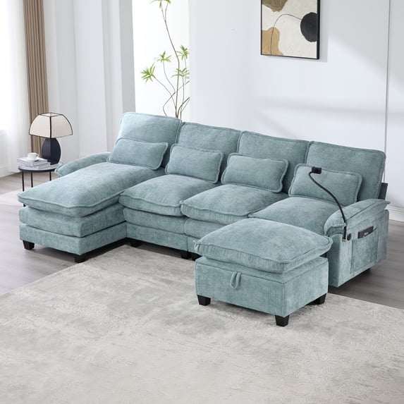 UNITED WE WIN 106" U-Shaped Sectional Sofa in Mint Blue Chenille: Cloud Couch, 4-Seat Modular Sleeper with Chaise, Storage Ottoman, USB Ports, Side Pockets for Living Room