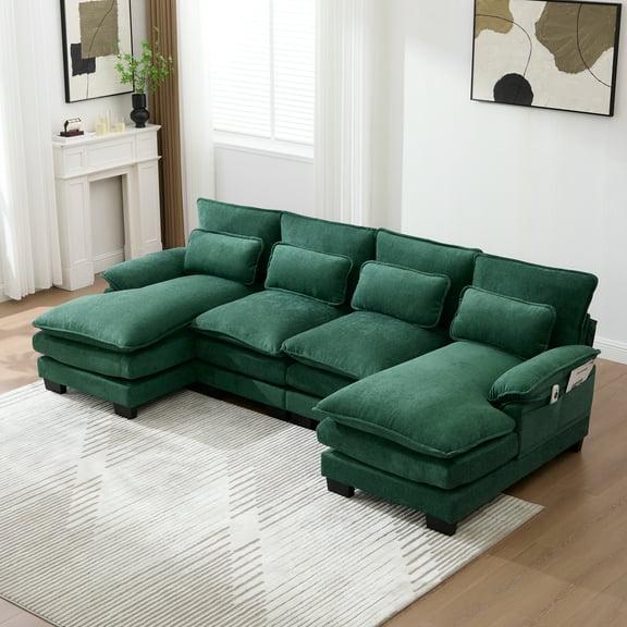 UNITED WE WIN 110" Emerald Chenille U-Shaped Cloud Couch: 4-Seat Modular Sectional Sofa with Double Chaise, Memory Foam, Side Pockets for Living Room Comfort