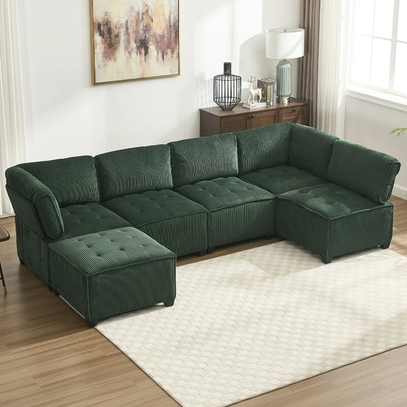 UNITED WE WIN 6-Seat U-Shaped Modular Sectional Sofa | Plush Corduroy | Emerald Green | Reversible Chaise | Deep Seats | Solid Wood Frame | Living Room Furniture