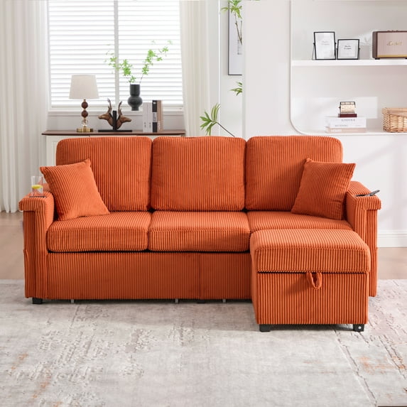 UNITED WE WIN L-Shaped Sectional Sofa with Pull-Out Storage,Ottoman & Pillows 3-Seat with USB Charging,Cup Holder Convertible Design for Living Room Apartment Corduroy Fabric
