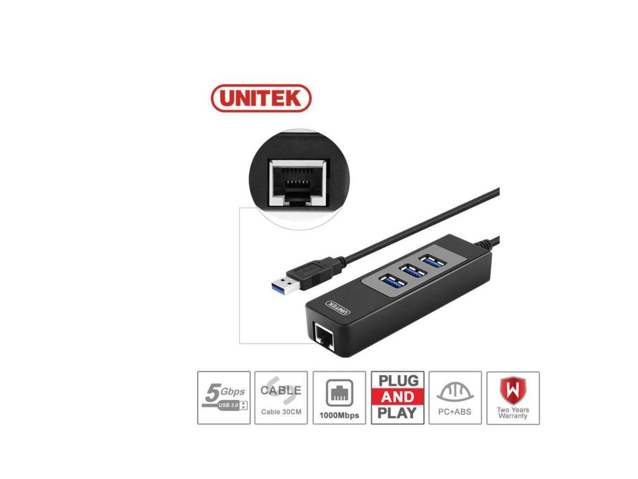 UNITEK 3Port USB 3.0 Hub Gigabit 1000Mbps RJ45 LAN Network