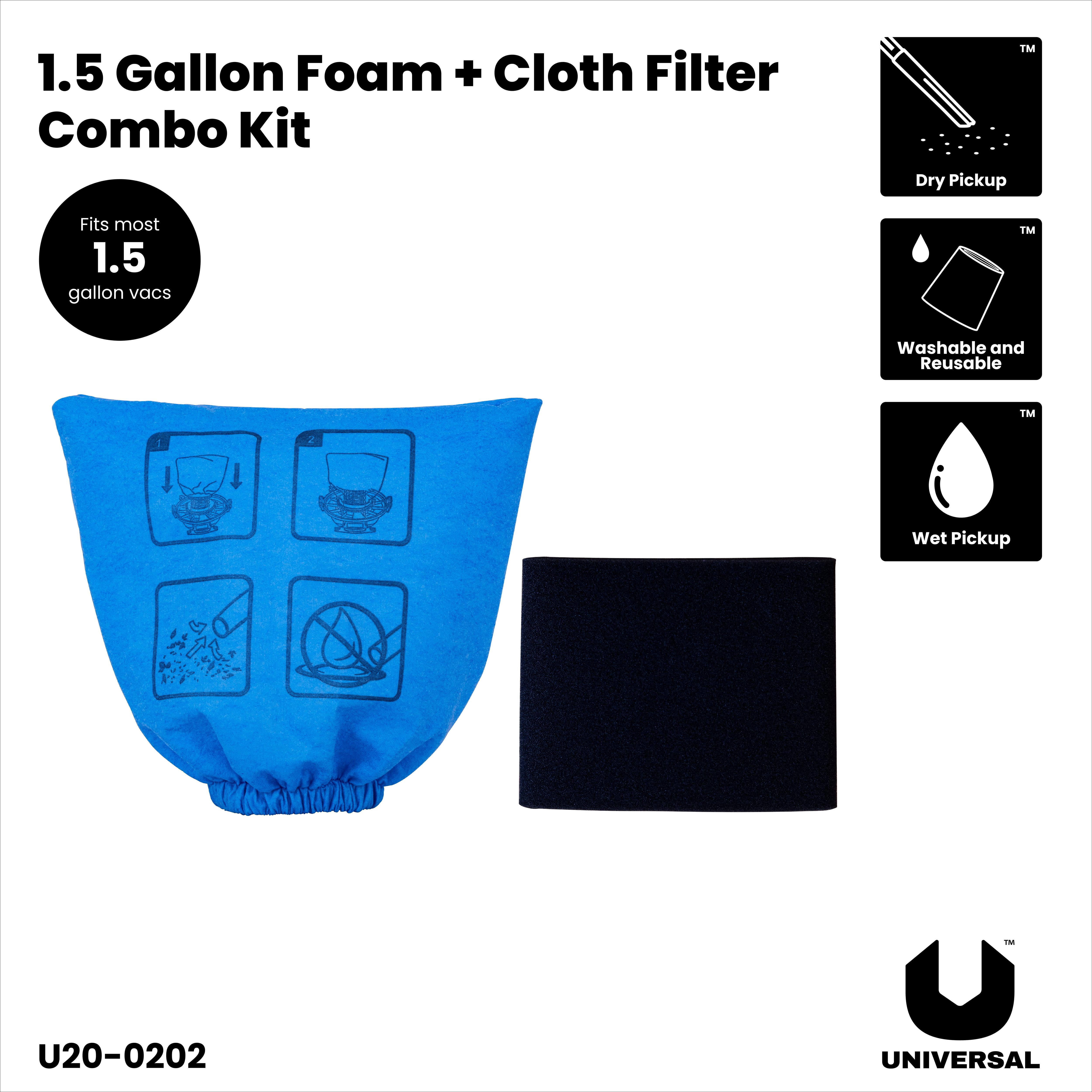 Universal Combo Cloth Filter + Foam Filter 1 Pack, Fits 1.5 Gallon Wet/Dry Vacuum Cleaners