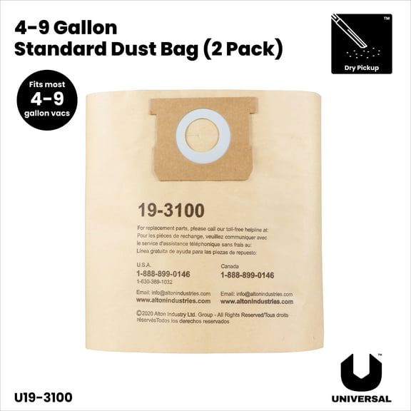 Universal Standard Dust Bag, 2-Pack, Fits 4 to 9 Gal Wet/Dry Vacuum Cleaners