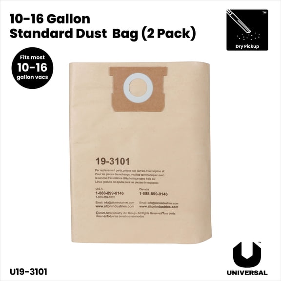 Universal Disposable Standard Dust Bag, 2-pack Compatible with 10-16 Gallon Wet/Dry Vacuums