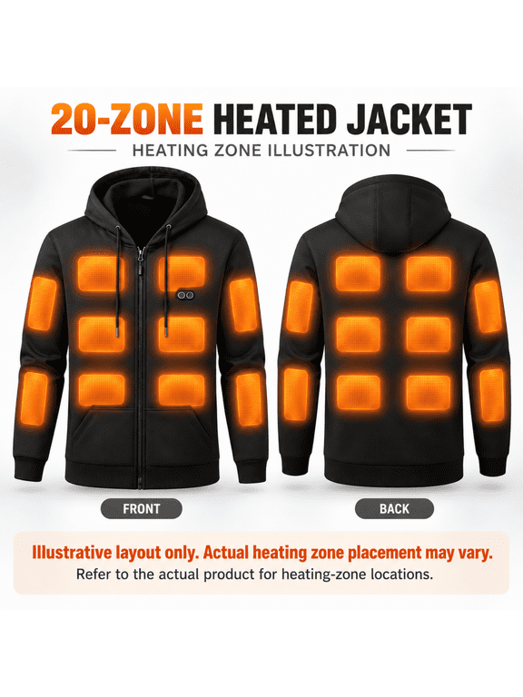 Men's Heated Hooded Jacket, 20-Zone Dual Control, Black, Performance, Zip-Up, Long Sleeve