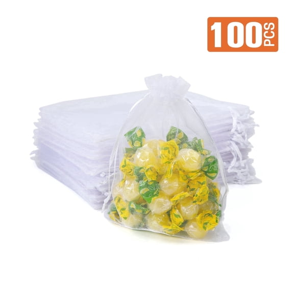 UNIWELL 100Pcs Organza Gift Bags 5x7" - Drawstring Mesh Pouches for Wedding Favors, Party, Jewelry, and Candy Packaging White
