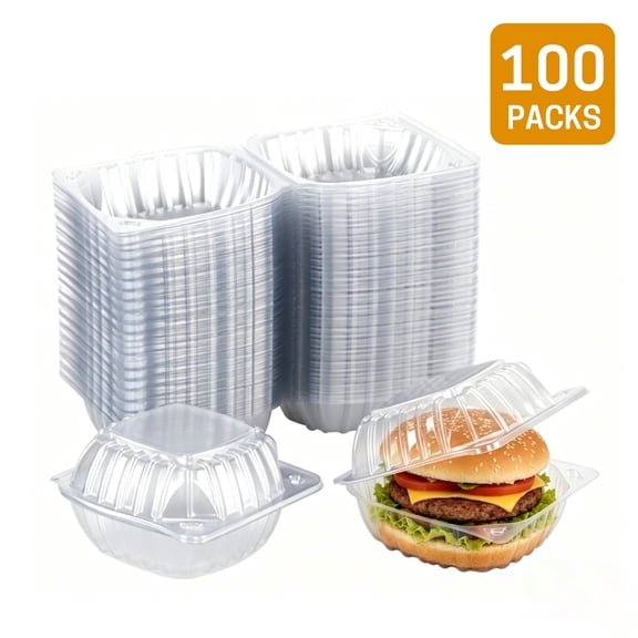 UNIWELL 100pcs 5x5 Inch Clear Plastic Food Container ,Clamshell Takeout Trays Disposable Plastic Hinged Lids Dessert Food Container for Hamburgers,Cakes,Sandwiches,Pasta,Chips