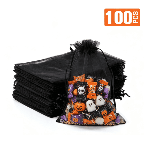 UNIWELL 100PCS Organza Bags 5x7 inches Jewelry Gift pouches with Drawstring for Festival, Christmas Black