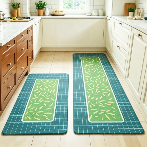UNIWELL 2-Pack Kitchen Rugs and Mats Kitchen Mat Anti Fatigue Mats for kitchen, Non Slips Kitchen Floor Mat for Standing 17"x30"+17"x47" Green