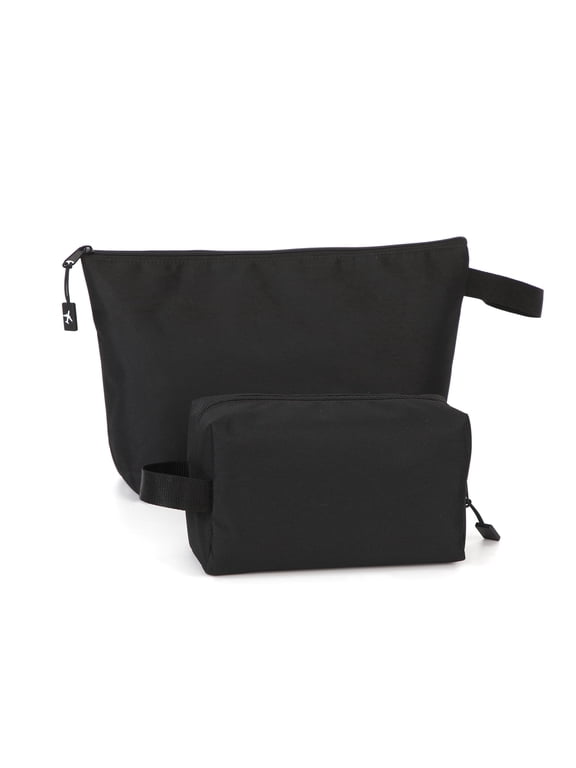 2 Pack Makeup Bag , Large + Small Travel Toiletry Bag, Canvas Cosmetic Pouch with Metal Z ipper Portable Storage Organizer for Birthday Valentines Day Gifts Navy Black