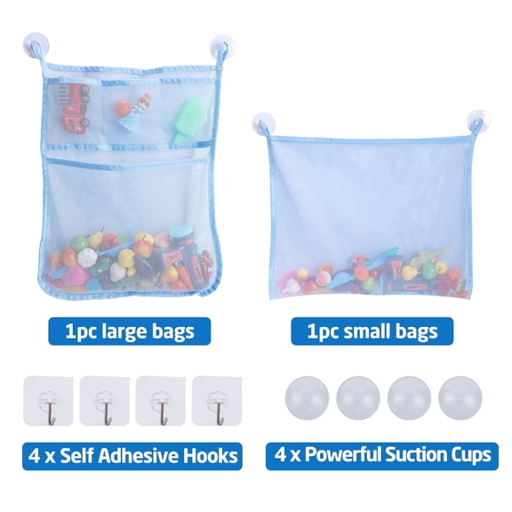 UNIWELL 2-Pack Kids Bath Tub Toy Holder, Bathroom Bathtub Toy Organizer with Suction Adhesive Hooks, Shower Toy Mesh Net blue