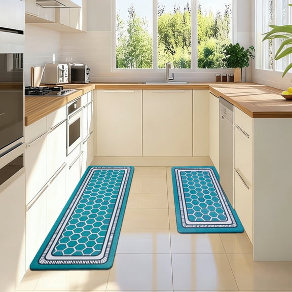 UNIWELL 2-Pack Non-Slip Kitchen Rug Set, Washable Floor Mats 17"x30"+17"x47" Celadon