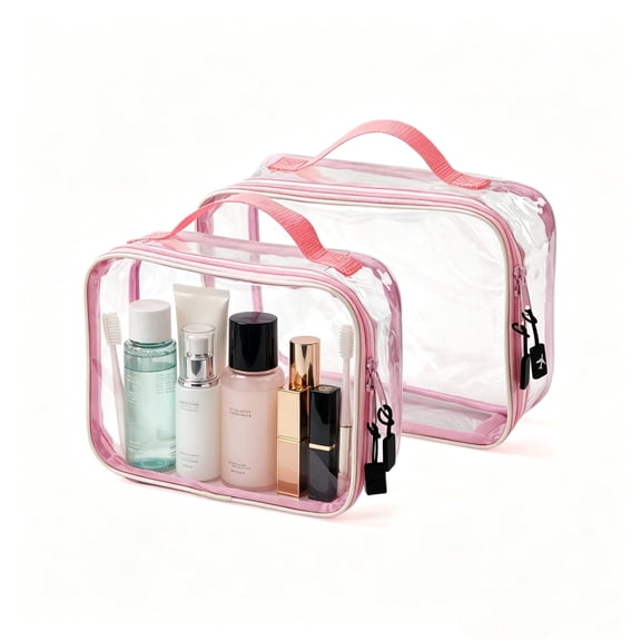 UNIWELL 2Pack PVC Clear Cosmetic Bags Pink Transparent Waterproof Travel Toiletry Pouch with Handle for Airport Travel