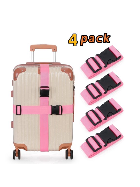 4 Pack Adjustable Luggage Straps for Suitcases - Heavy Duty Travel Belt with Quick Release Buckle Pink