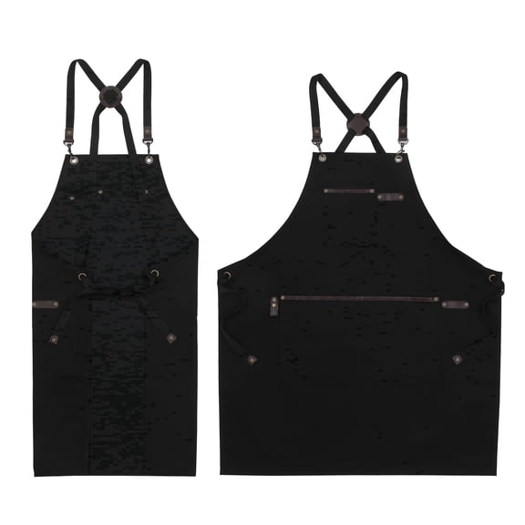 UNIWELL Canvas Cooking Apron for Kitchen Baking Grilling BBQ, Adjustable Cross Back Apron with Pockets for Chef Bartender Barber Artist Gardener Black