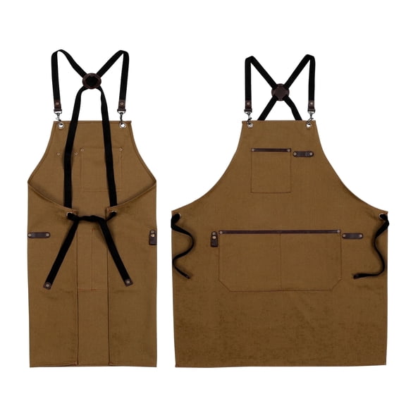 UNIWELL Shop Aprons for Barista Bartender Hairstylist Painting Gardening Work, Cross Back Strap Adjustable for Men Women Apron with Large Pocket, Canvas Chef Apron for Kitchen Cooking Baking Grilling