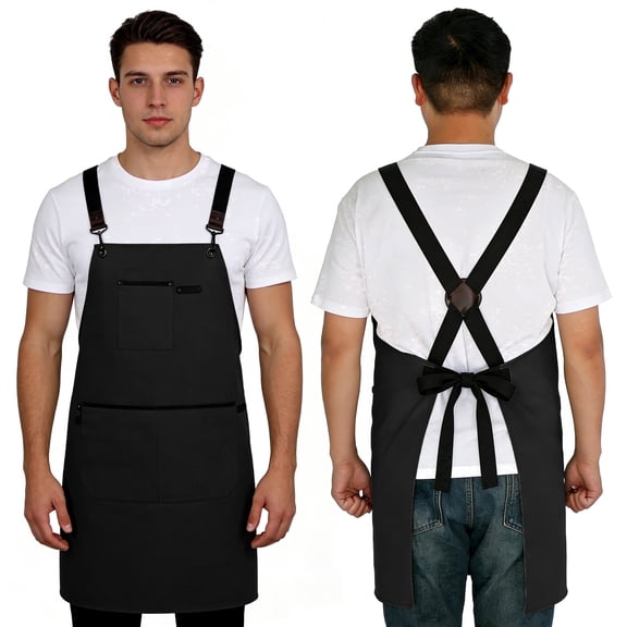 UNIWELL Plus Size Canvas Cooking Apron Adjustable Black Cross Back Apron with Pockets for Kitchen Baking Grilling BBQ Chef Bartender Barber Artist Gardener
