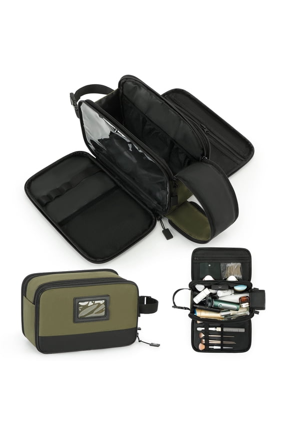 Toiletry Bag for Men, Travel Essentials Shaving Dopp Kit, Mens Travel Bag Toiletries Organizer Case for Grooming, PU Leather Water Resistant Cosmetic Bag Pouch Green