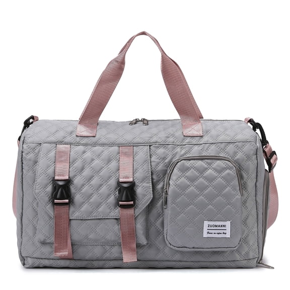 Quilted Travel Duffle Bag with Side Shoe Compartment, Carry On Gym Bag with Wet Pocket, Overnight Weekender Tote for Sports, Yoga, Hospital, Gray Pink