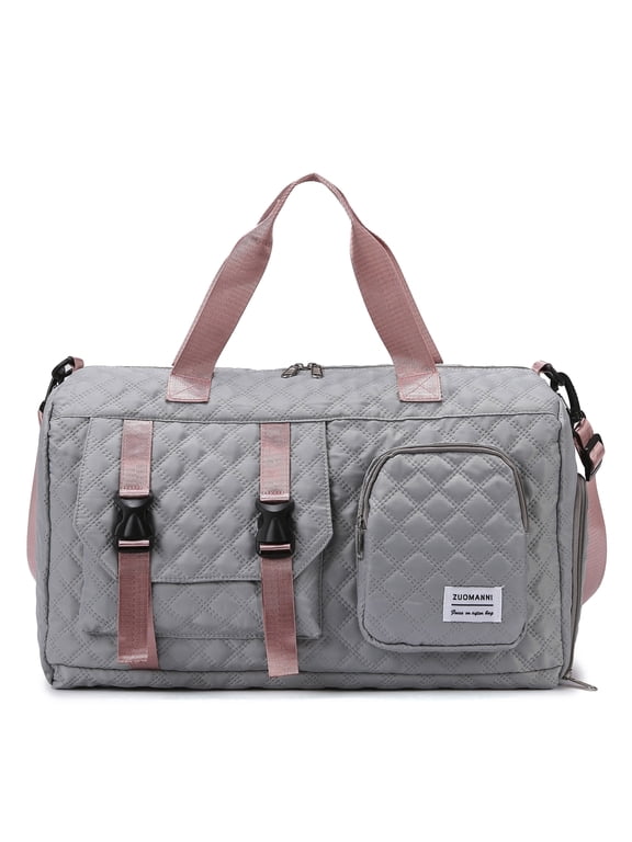 Quilted Travel Duffle Bag with Side Shoe Compartment, Carry On Gym Bag with Wet Pocket, Overnight Weekender Tote for Sports, Yoga, Hospital, Gray Pink