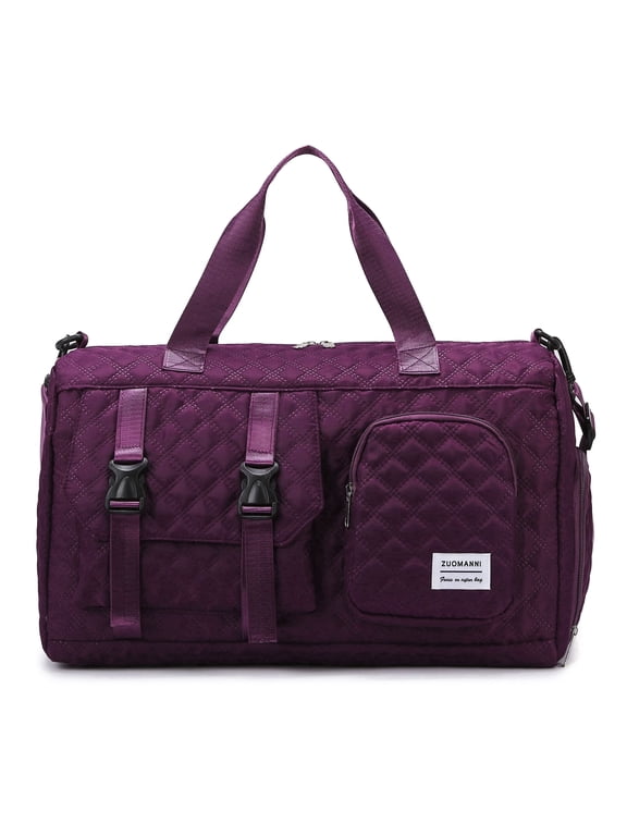 Quilted Travel Duffle Bag with Side Shoe Compartment, Carry On Gym Bag with Wet Pocket, Overnight Weekender Tote for Sports, Yoga, Hospital, Deep Purple