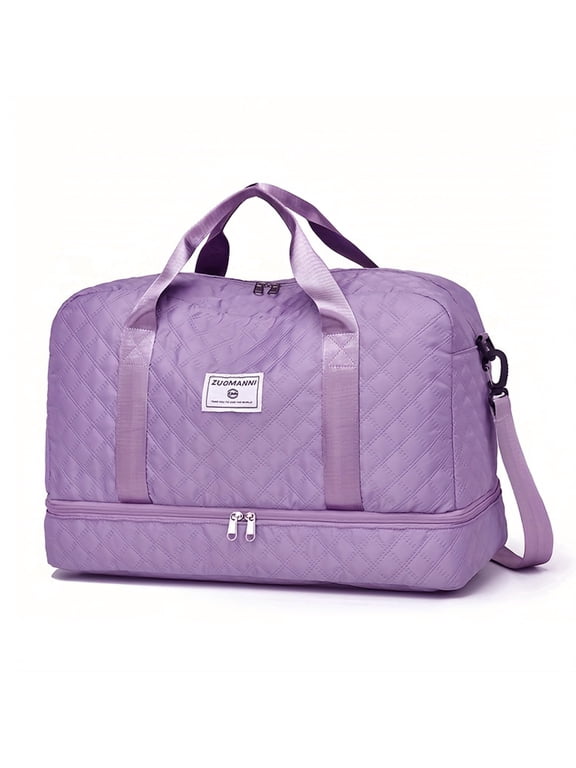 Women's Quilted Travel Duffle Bag with Shoe Compartment, Carry On Weekender Overnight Bag, Gym Duffel with Wet Pocket, Hospital Bag for Labor and Delivery, Light Purple