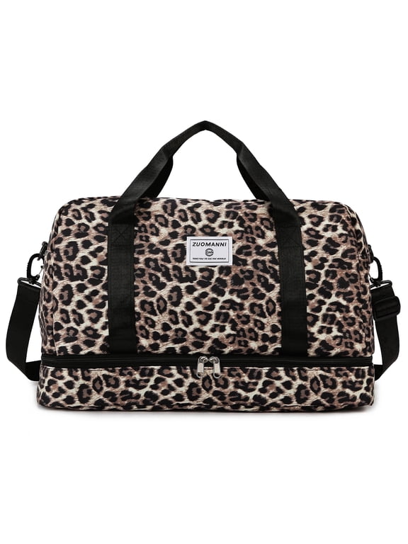 Leopard Print Travel Duffel Bag,Weekender Bags for Women with Shoe Compartment,Carry on Overnight Bag,Gym Duffel Bag with Wet Pocket,Hospital Bags for Labor and Delivery