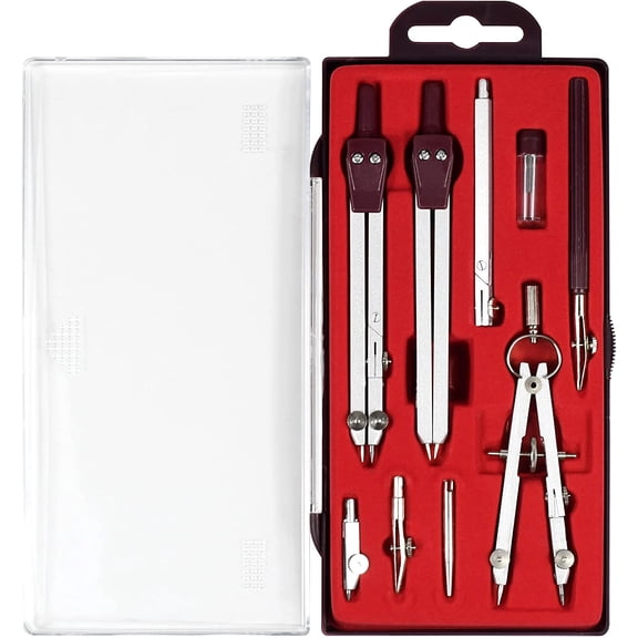 UNJOO Drawing 9Pc Geometry Set Metal Compass, Geometry Precision Tool for Student, Circle Drawing Tool and Architecture, Drafting Kits for Engineer with Shatterproof Storage Box (Red)