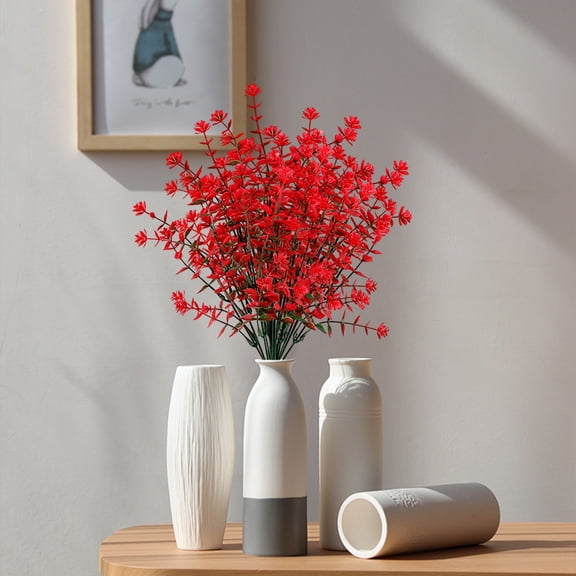 UNLLLL 1 Bunch Artificial Fall Flowers, Plastic Faux Greenery, UV Resistant Autumn Small Wild Flower, for Porch, Yard, Home, Vase, Window, Garden Decor (Red)
