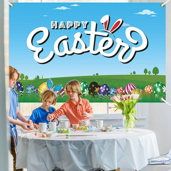 UNLLLL 1 Pcs Easter Banner, Egg Bunny Hunt Background Banner, Rustic Wood Background, Easter Backdrops Photography Banner, for Jesus Easter Spring Party, 71x43 inches