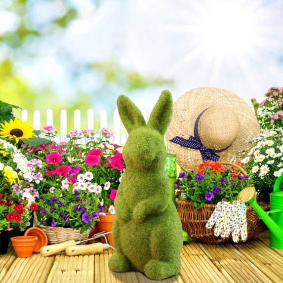 UNLLLL 1 Pcs Easter Furry Flocked Bunny Decoration, Artificial Moss Rabbit Easter Decor, Resin Tabletop Figurines Ornament, for Garden Home Office Party Desk Table Top