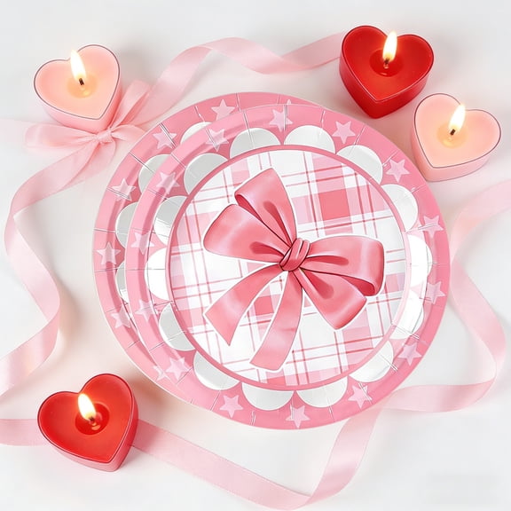 UNLLLL 10 Pcs Bow Patterned Paper Plates, Disposable Dinner Plates, for Bridal Shower Birthday Party, Themed Tableware Home Table Decor (7 Inchs)