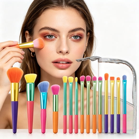 UNLLLL 15 Piece Makeup Brush Set, Full Face Kit with Powder Blush Eyeshadow Brushes, Soft Dense Bristles, Portable Storage Bag, for Beginner and Professional Makeup Application