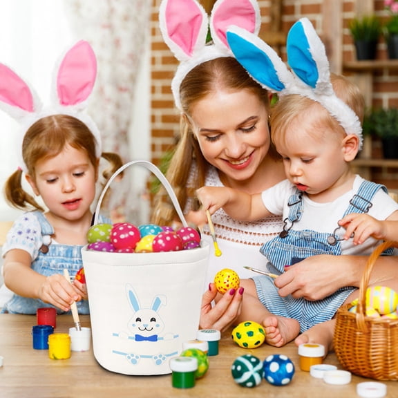 UNLLLL 1Pcs Easter Canvas Bunny Bag, Reusable Easter Tote Basket, Spring Egg Hunts Reusable Baskets with Handles, Candy Gift, for Kids Boys Girls