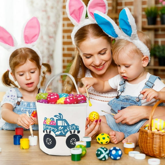 UNLLLL 1Pcs Easter Canvas Bunny Bag, Reusable Easter Tote Basket, Spring Egg Hunts Reusable Baskets with Handles, Candy Gift, for Kids Boys Girls