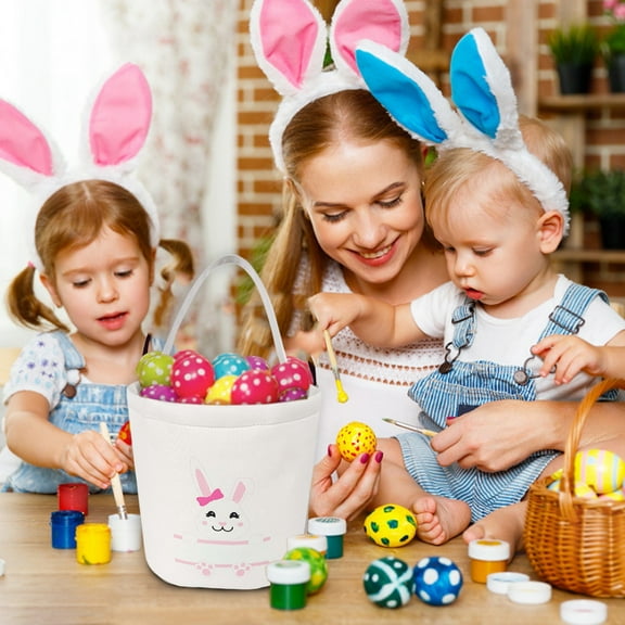UNLLLL 1Pcs Easter Canvas Bunny Bag, Reusable Easter Tote Basket, Spring Egg Hunts Reusable Baskets with Handles, Candy Gift, for Kids Boys Girls