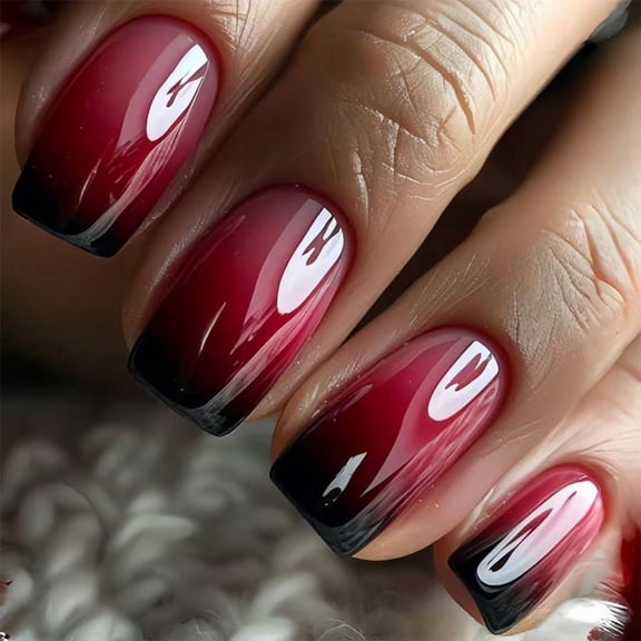 UNLLLL 24 Pieces Cherry Red Black Gradient Medium Square Press on Nails, Glossy False Nails with Cool Queen Style, High Saturation Red Tone, for Daily and Party Manicure