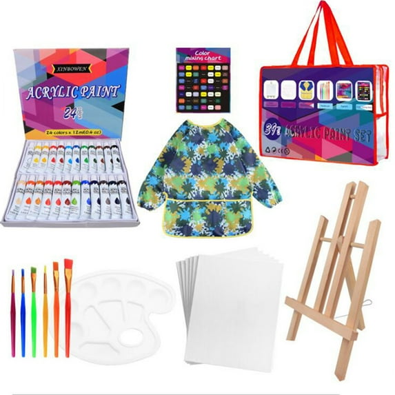 UNLLLL 39Pc Acrlic Paint Pigment set Contains paintbrush, easel,, drawing paper, for Students and Office Workers