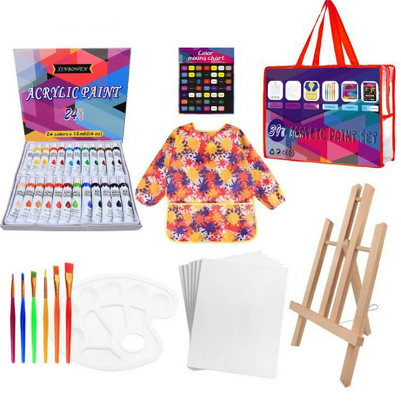 UNLLLL 39Pc Acrlic Paint Pigment set Contains paintbrush, easel,, drawing paper, for Students and Office Workers