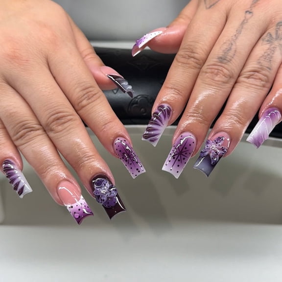 UNLLLL 3D Flower Long Almond Press on Nails, Glossy Tips with Exquisite Floral Design, Reusable, Strong and Durable, for Parties and Special Occasions (24 Pieces)
