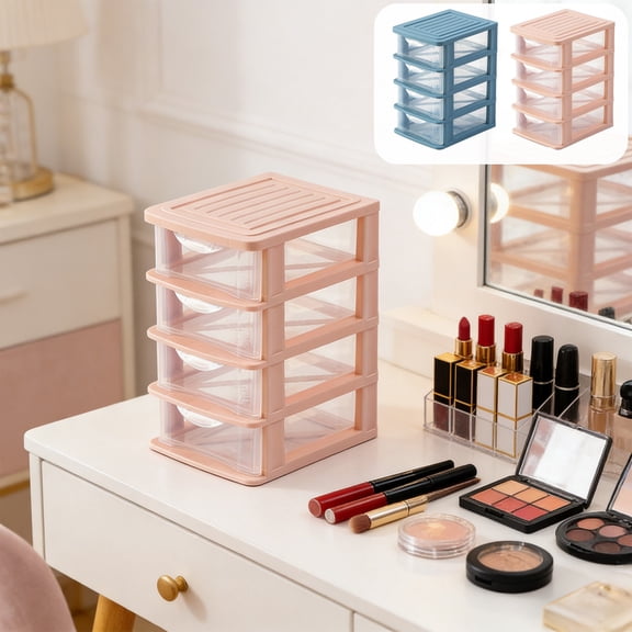 UNLLLL 4 Layer Low Profile Drawer Organizer, Transparent Dustproof Storage Box, Stackable Space Saving Storage Container, for Home Office Dressing Table (Blue)