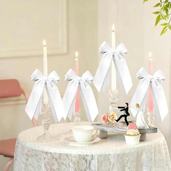 UNLLLL 6 Pcs Double Layer Bow Ribbon Decoration, Candle Holder Bow Knot Strap, Candlestick Gift Packaging Bow, for Home Dining Table Holiday Party Tree Decor (White)