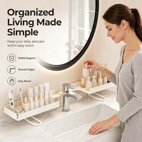 UNLLLL Adjustable Faucet Storage Rack, No Drill Bathroom Sink Shelf, 180 Degree Rotating Organizer, Carbon Steel Drainage Holder, for Kitchen Bathroom and Washstand (White)